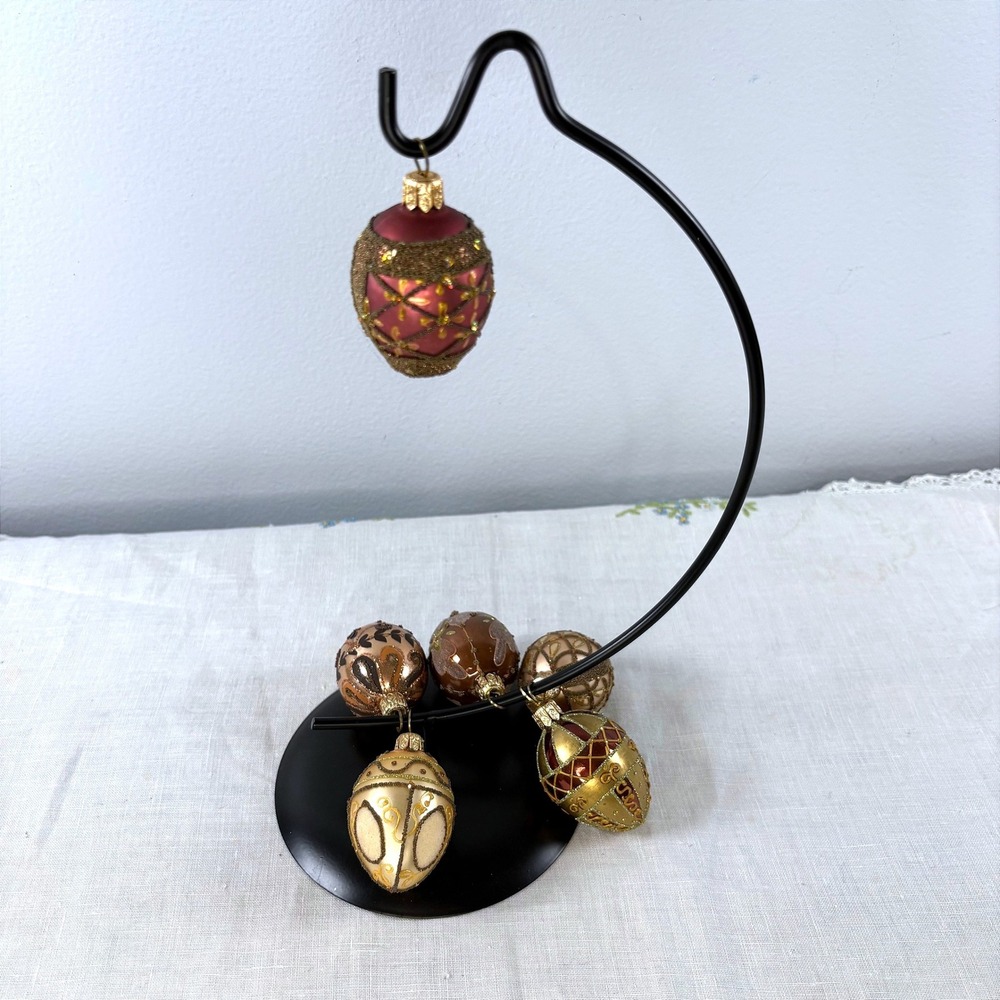 6 Vintage Style Beaded Glass Egg Ornaments Gold Burgundy Bronze Hand Painted